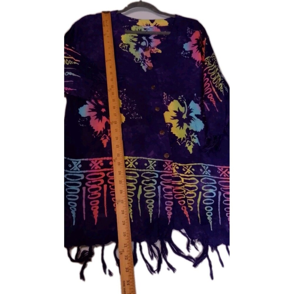 Handmade Indonesian Batik Rayon Fringe Cardigan Hibiscus Floral Cover Up Medium - Picture 6 of 11
